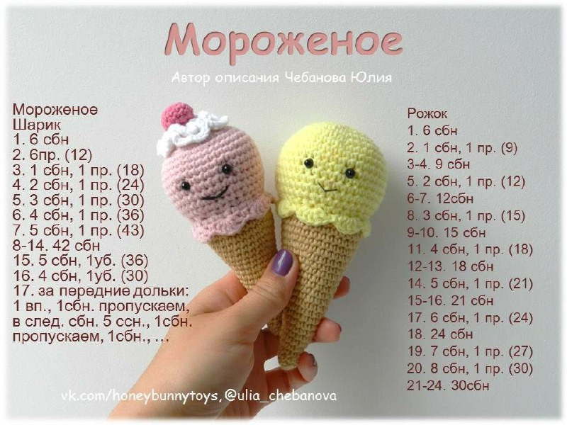 Мороженое амигуруми: схема вязания шарика и рожка крючком от Юлии Чебановой