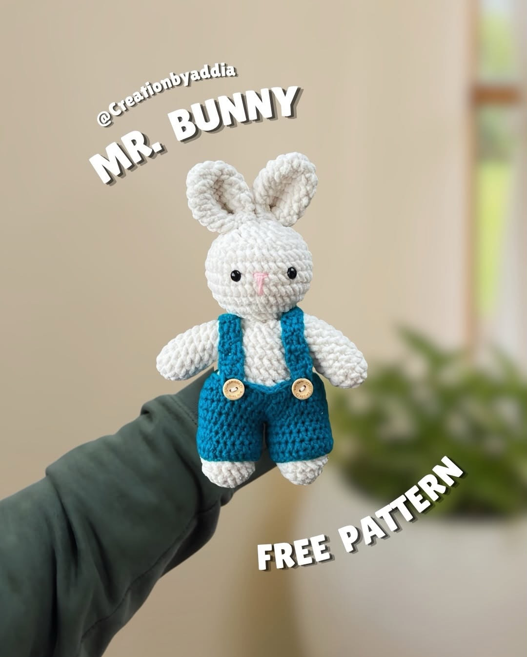 Mr. Bunny Amigurumi Crochet Pattern: Free White Plush Rabbit Doll with Teal Overalls Tutorial