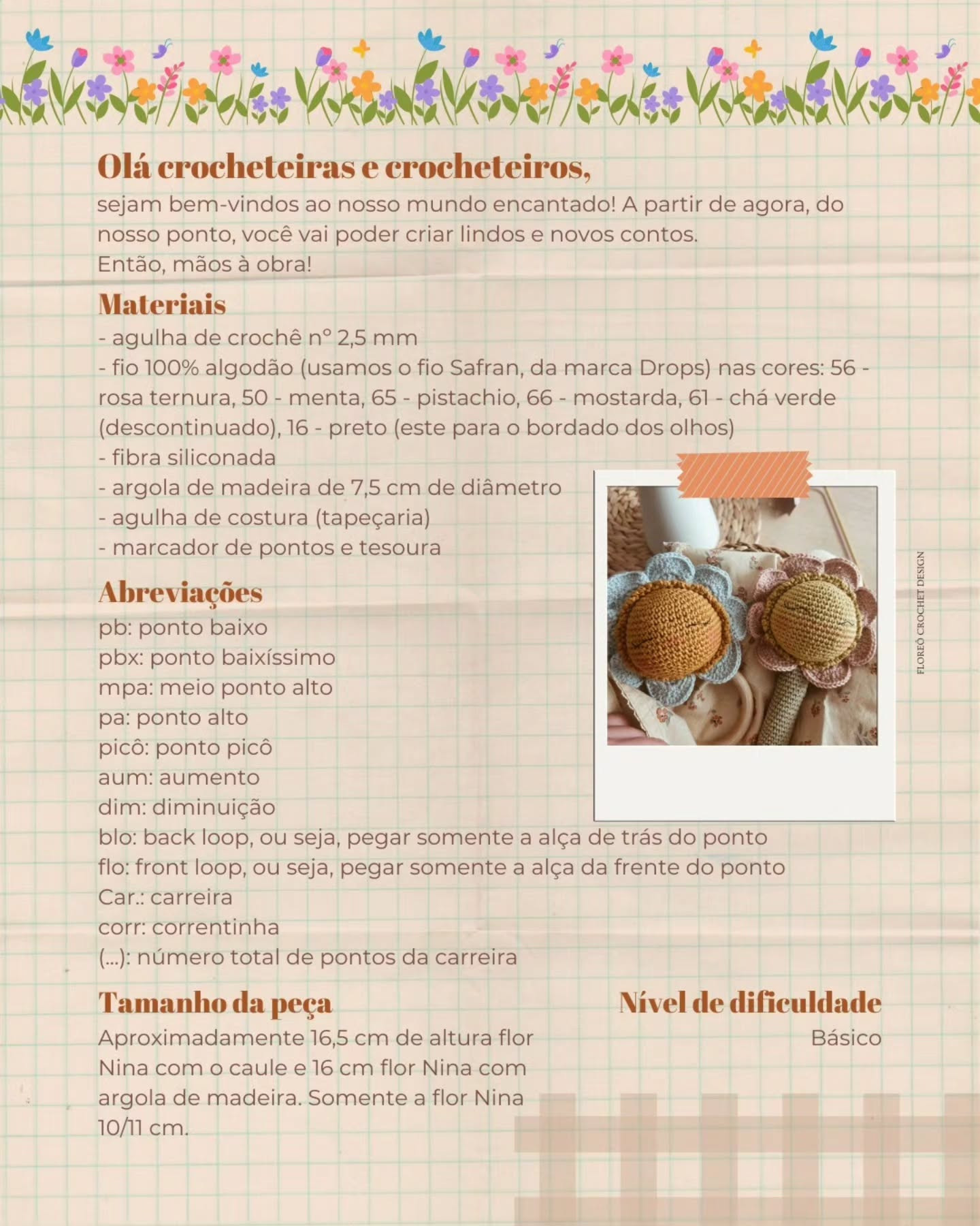 Nina, a doce florzinha: Receita Gratuita de Flor Amigurumi com Argola e Caule