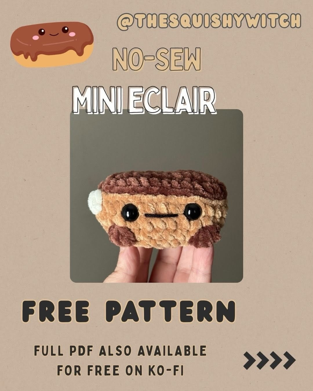 No-Sew Mini Eclair Crochet Pattern - Free Amigurumi Food Doll with Bobble Stitch Instructions