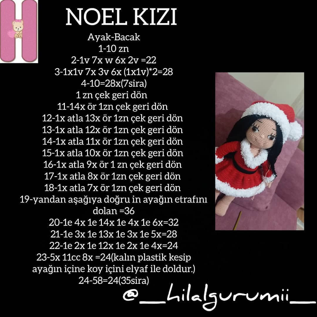 Noel Kizi: Búp bê Amigurumi trang phục Giáng sinh màu đỏ trắng, kèm hướng dẫn móc chi tiết từng phần