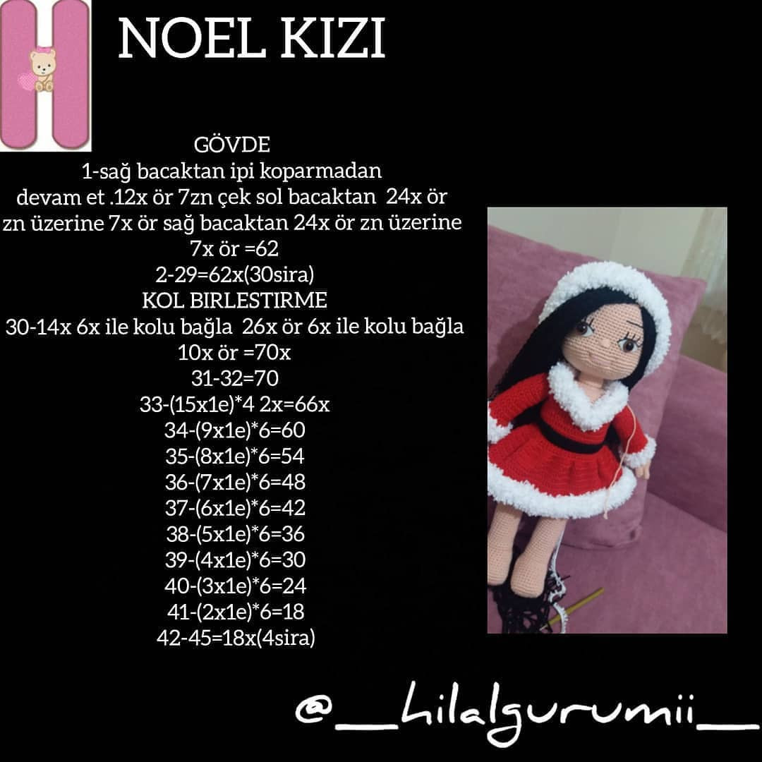 Noel Kizi: Búp bê Amigurumi trang phục Giáng sinh màu đỏ trắng, kèm hướng dẫn móc chi tiết từng phần