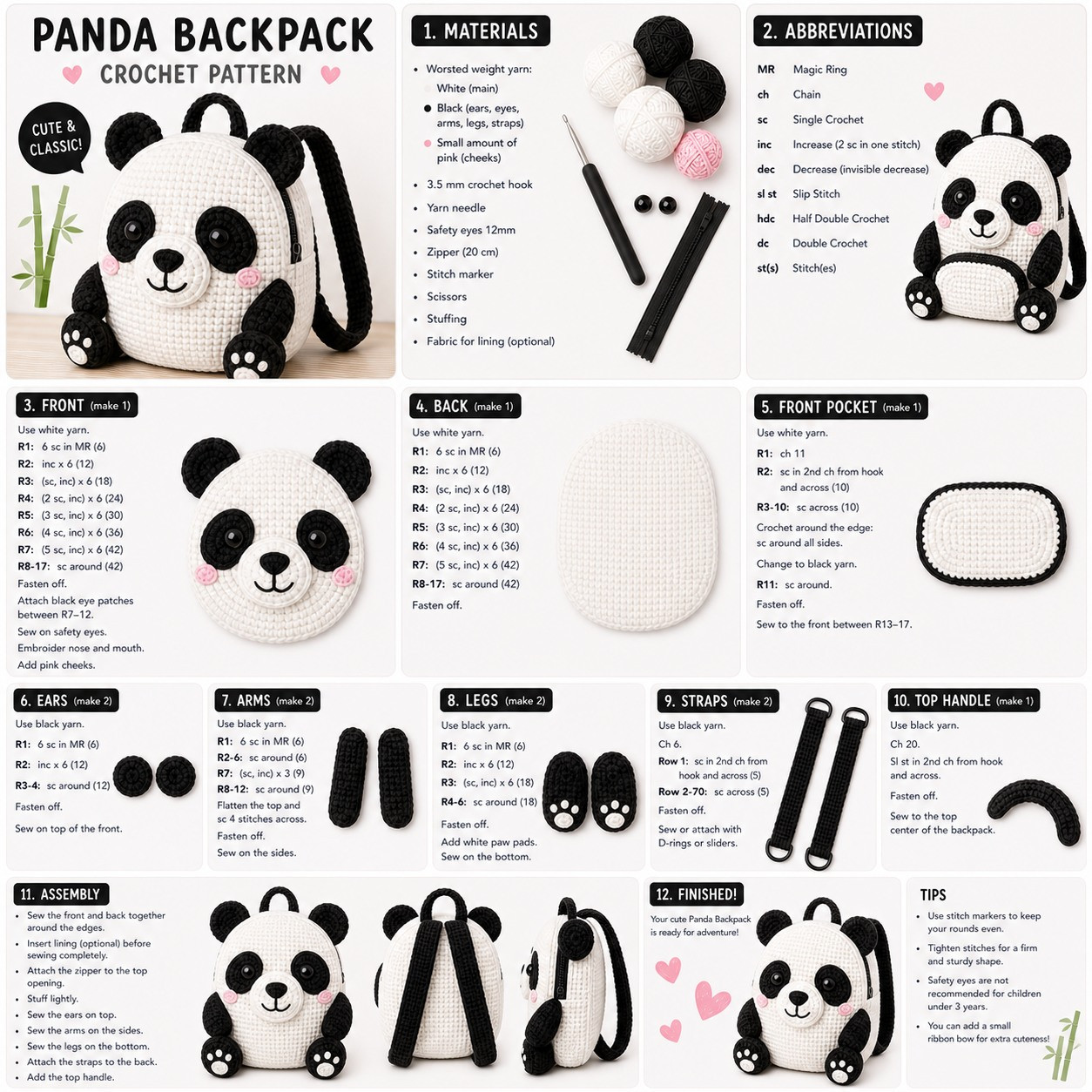 Panda Backpack Amigurumi Free Crochet Pattern with Materials and Assembly Instructions