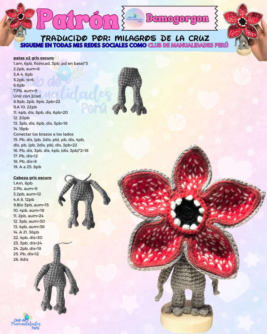 Patrón Amigurumi Demogorgon: Tutorial paso a paso para tejer el monstruo de Stranger Things con cabeza flor roja y cuerpo gris