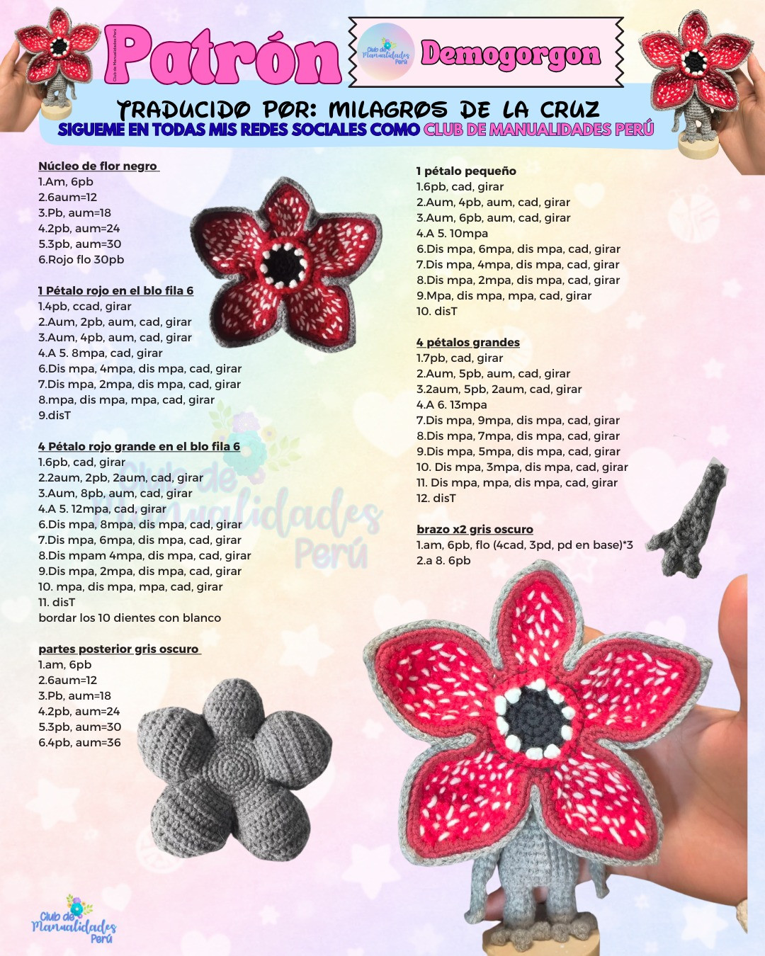 Patrón Amigurumi Demogorgon: Tutorial paso a paso para tejer el monstruo de Stranger Things con cabeza flor roja y cuerpo gris