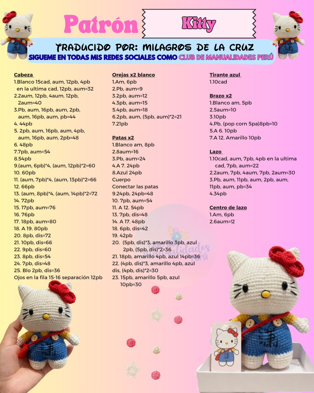 Patrón Amigurumi Hello Kitty con delantal azul y lazo rojo