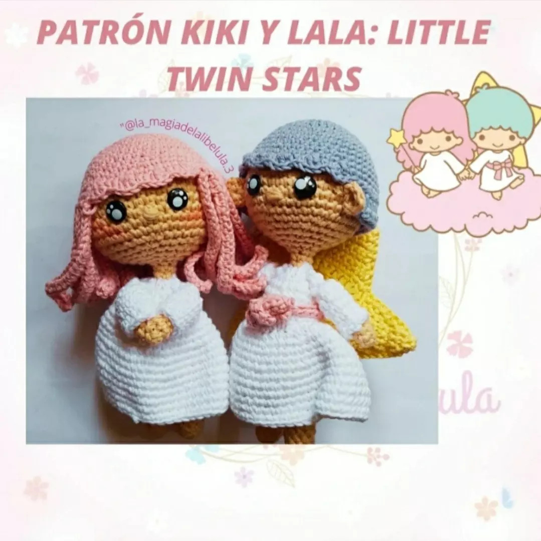 Patrón Amigurumi Kiki y Lala: Little Twin Stars - Búp bê sinh đôi móc len dễ thương với hướng dẫn chi tiết từng bước