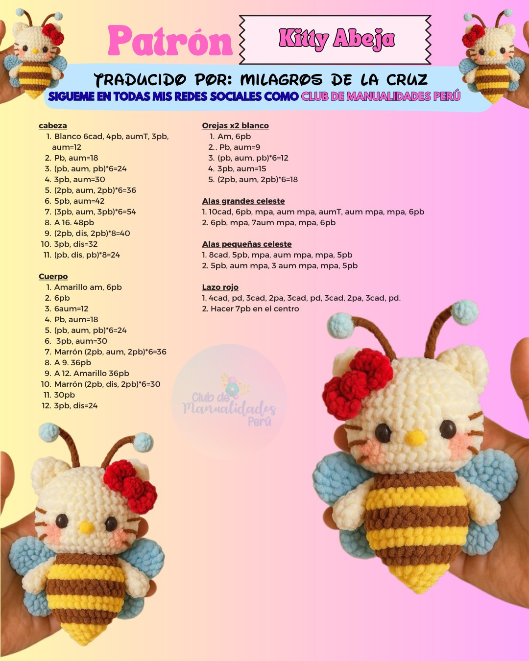 Patrón Amigurumi Kitty Abeja: Tutorial Paso a Paso para Búp bê Gấu Ong Hello Kitty
