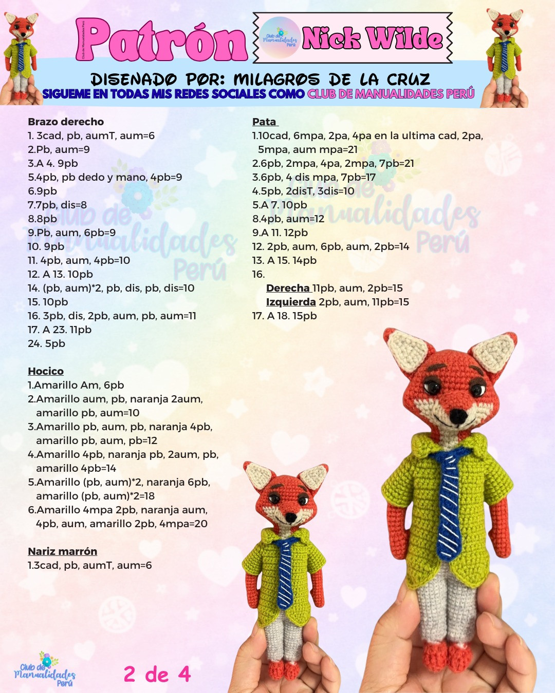 Patrón Amigurumi Nick Wilde: Guía paso a paso para tejer la figura de zorro con camisa verde y corbata azul