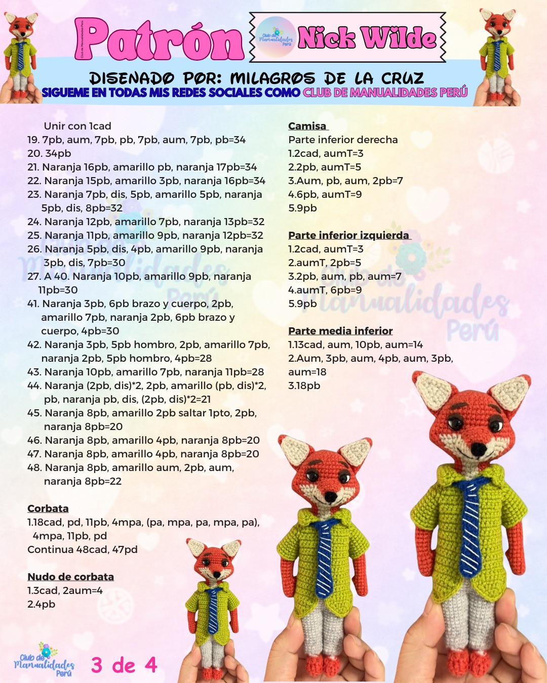 Patrón Amigurumi Nick Wilde: Guía paso a paso para tejer la figura de zorro con camisa verde y corbata azul