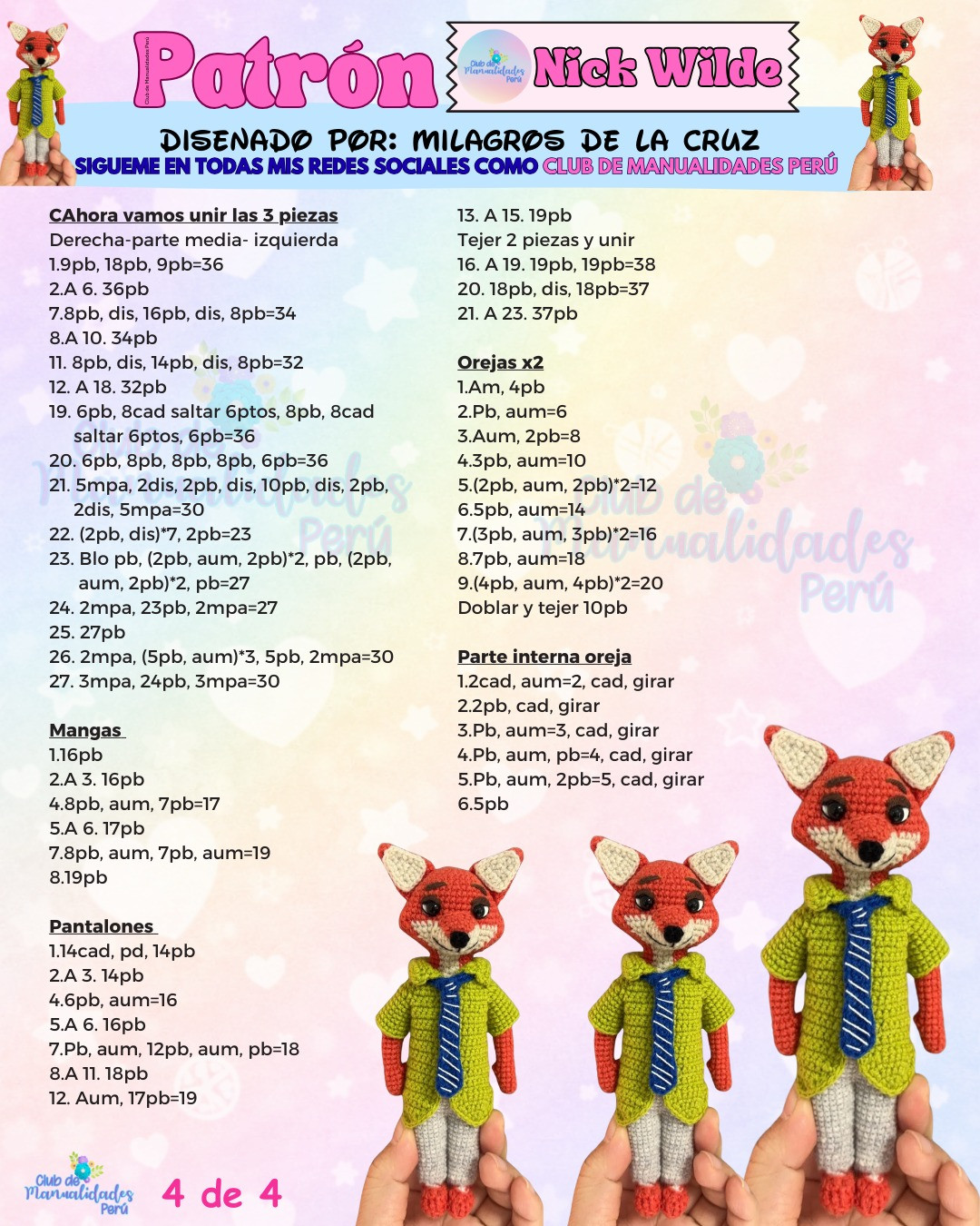 Patrón Amigurumi Nick Wilde: Guía paso a paso para tejer la figura de zorro con camisa verde y corbata azul