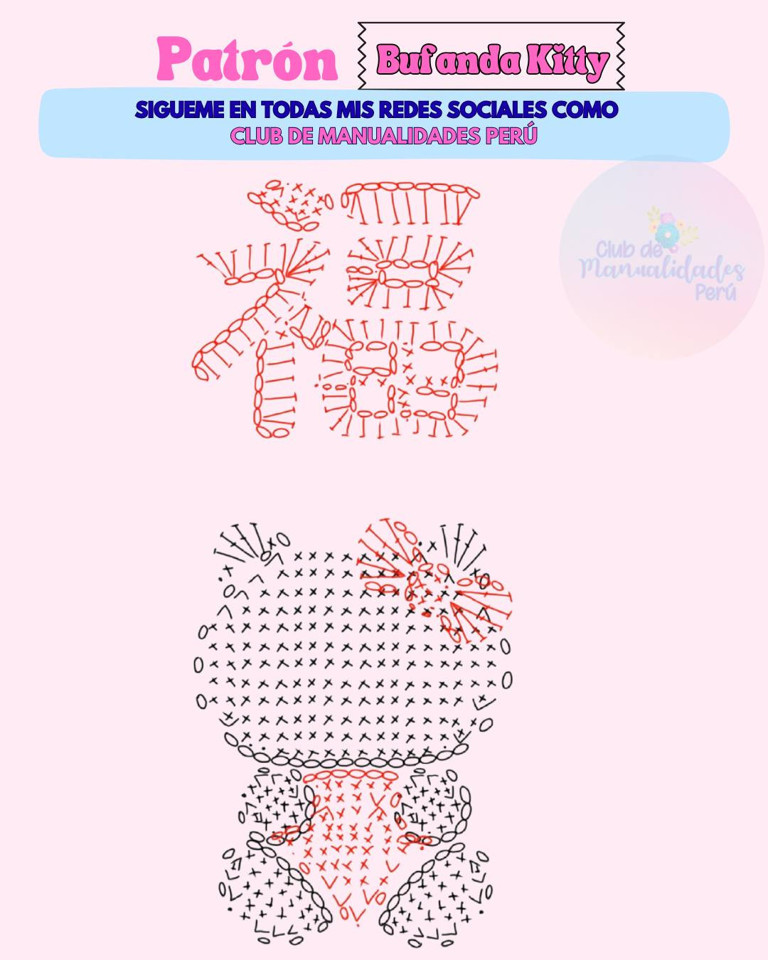 Patrón Bufanda Kitty: Diseño de bufanda roja con Hello Kitty y símbolo 'Fu' para Año Nuevo, incluye gráfico crochet