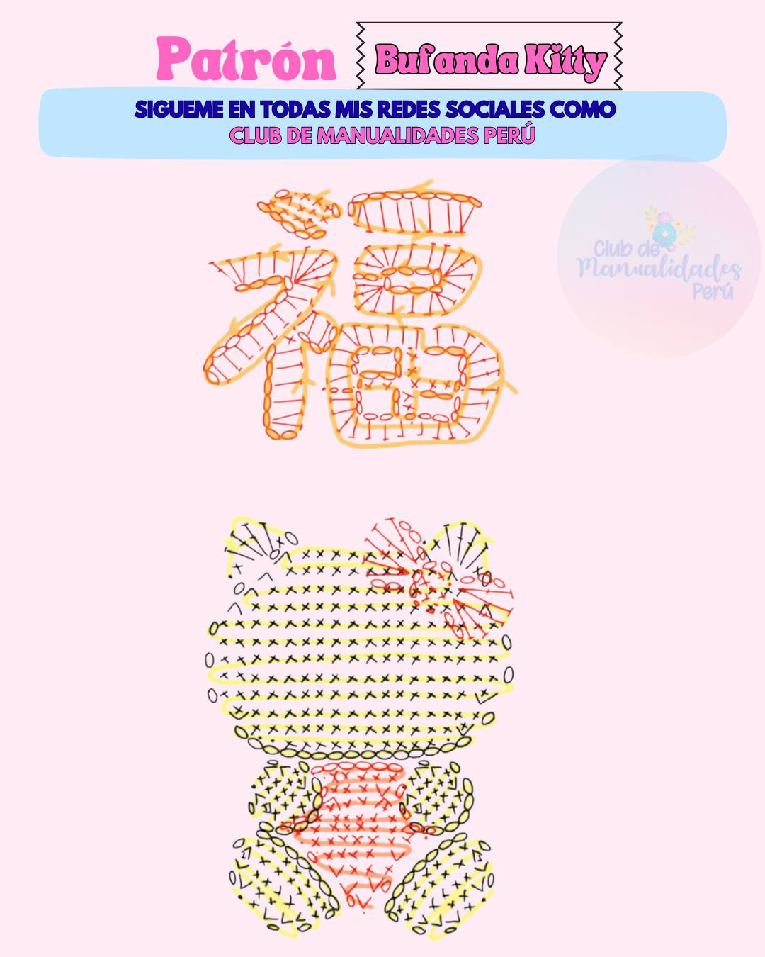 Patrón Bufanda Kitty: Diseño de bufanda roja con Hello Kitty y símbolo 'Fu' para Año Nuevo, incluye gráfico crochet