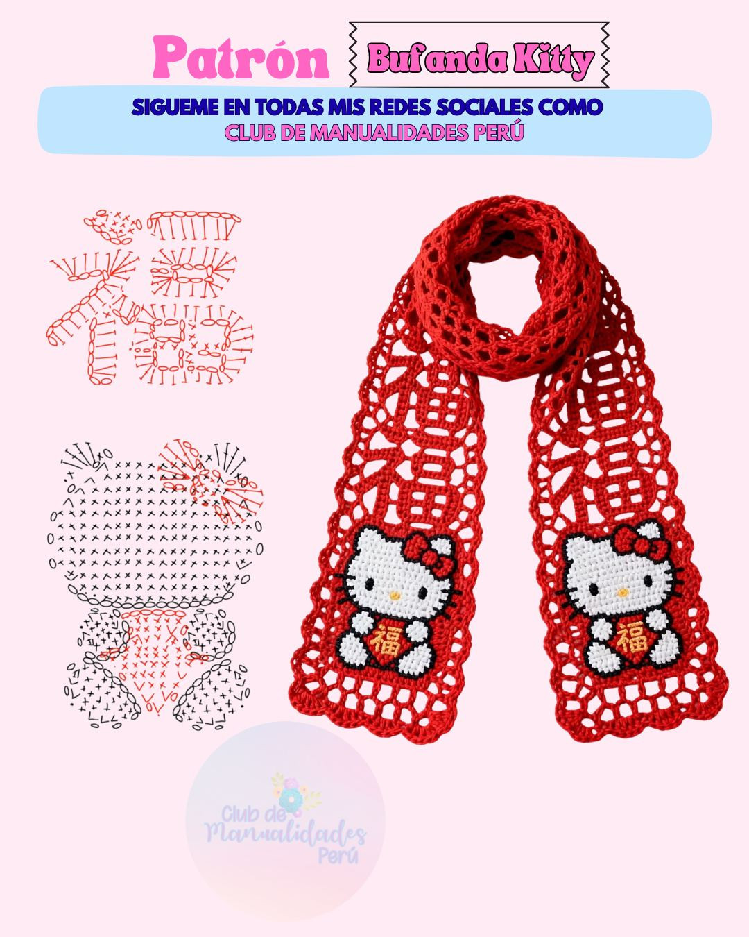 Patrón Bufanda Kitty: Diseño de bufanda roja con Hello Kitty y símbolo 'Fu' para Año Nuevo, incluye gráfico crochet