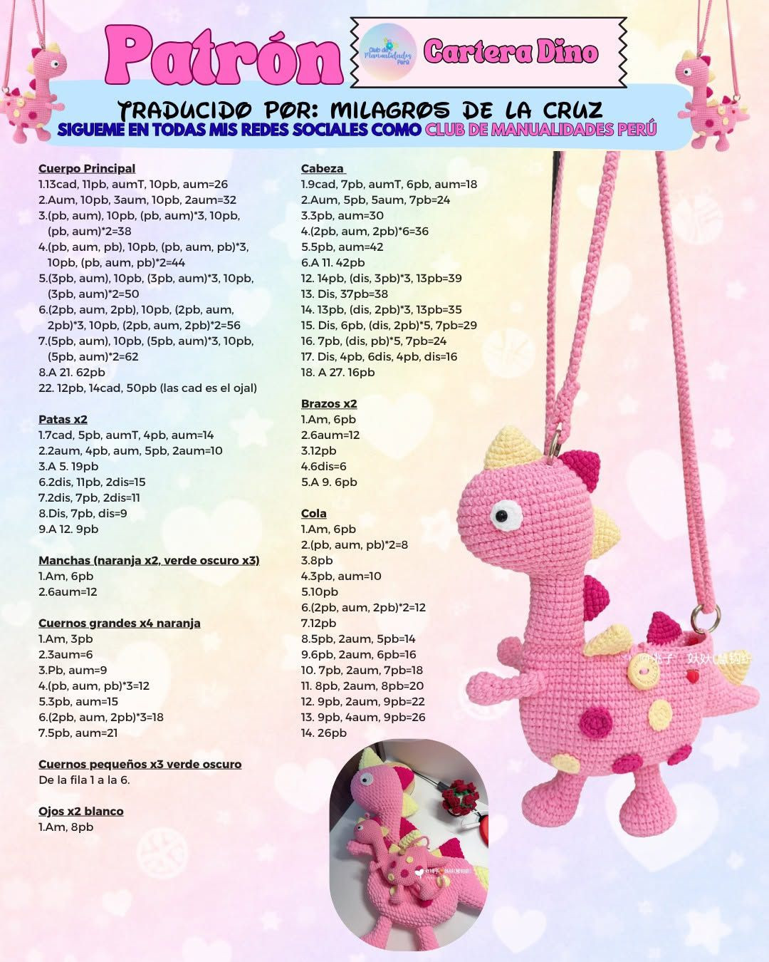Patrón Cartera Dino Tejida - Bolsa Dinosaurio Rosa Amigurumi