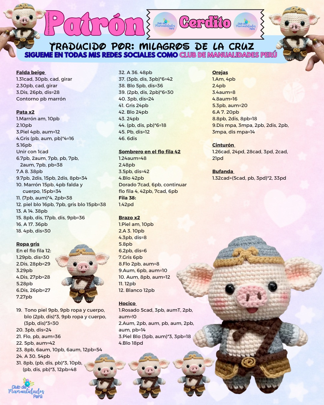 Patrón Cerdito Amigurumi: Guía completa paso a paso para tejer el cerdito kawaii con ropa y sombrero
