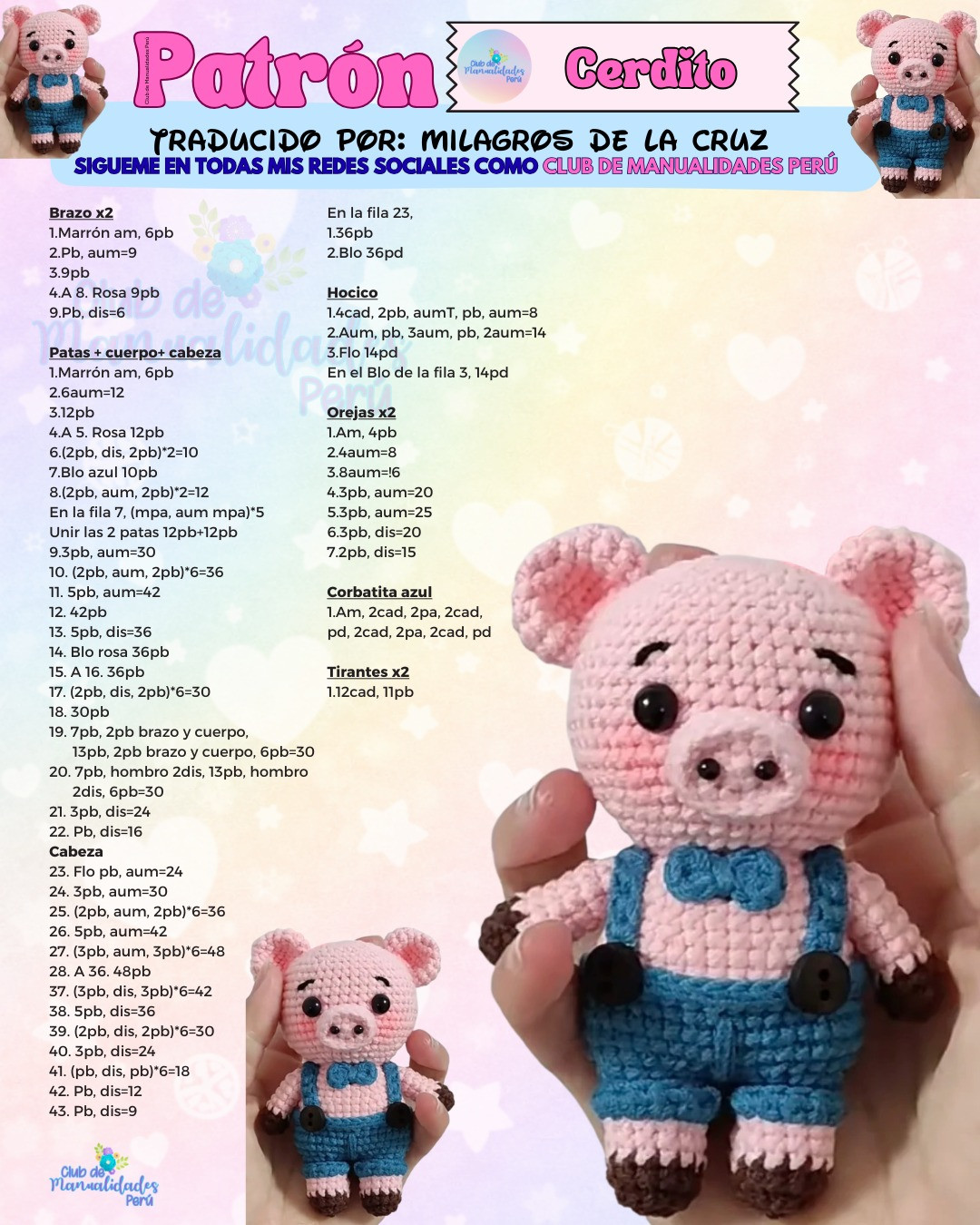 Patrón Cerdito: Búp bê heo hồng mặc tuxedo xanh, hướng dẫn móc len chi tiết từng bước