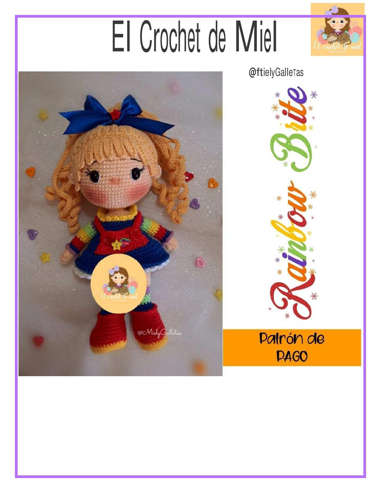 Patrón de Amigurumi Rainbow Brite con pelo rizado y vestido arcoíris
