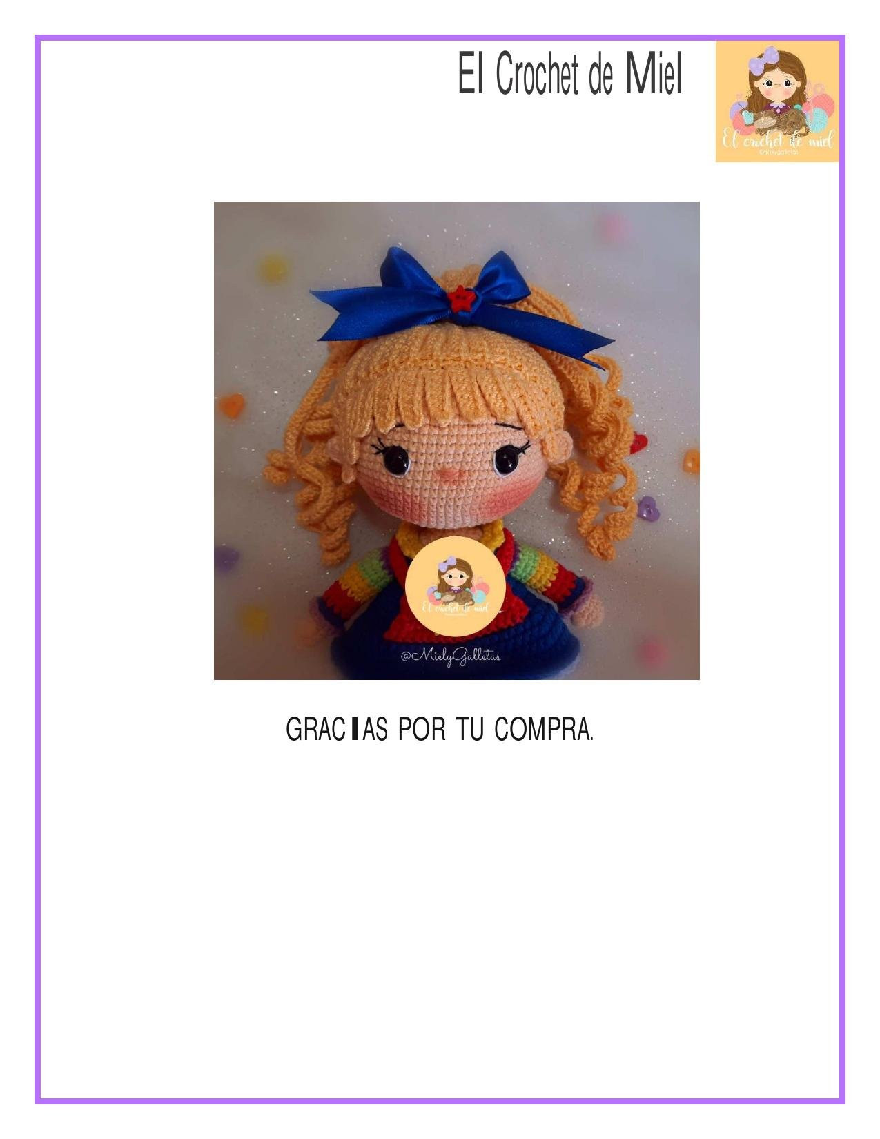 Patrón de Amigurumi Rainbow Brite con pelo rizado y vestido arcoíris
