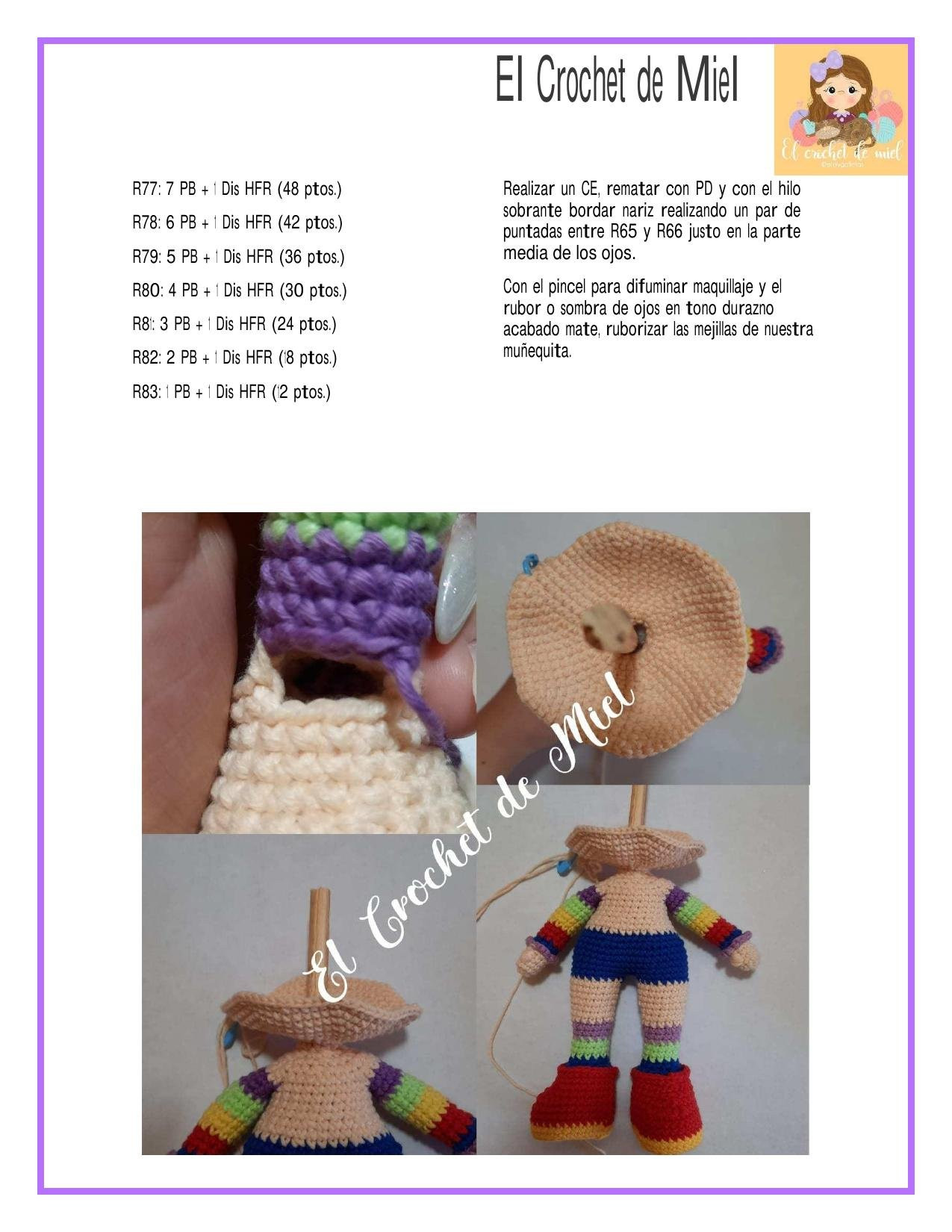 Patrón de Amigurumi Rainbow Brite con pelo rizado y vestido arcoíris