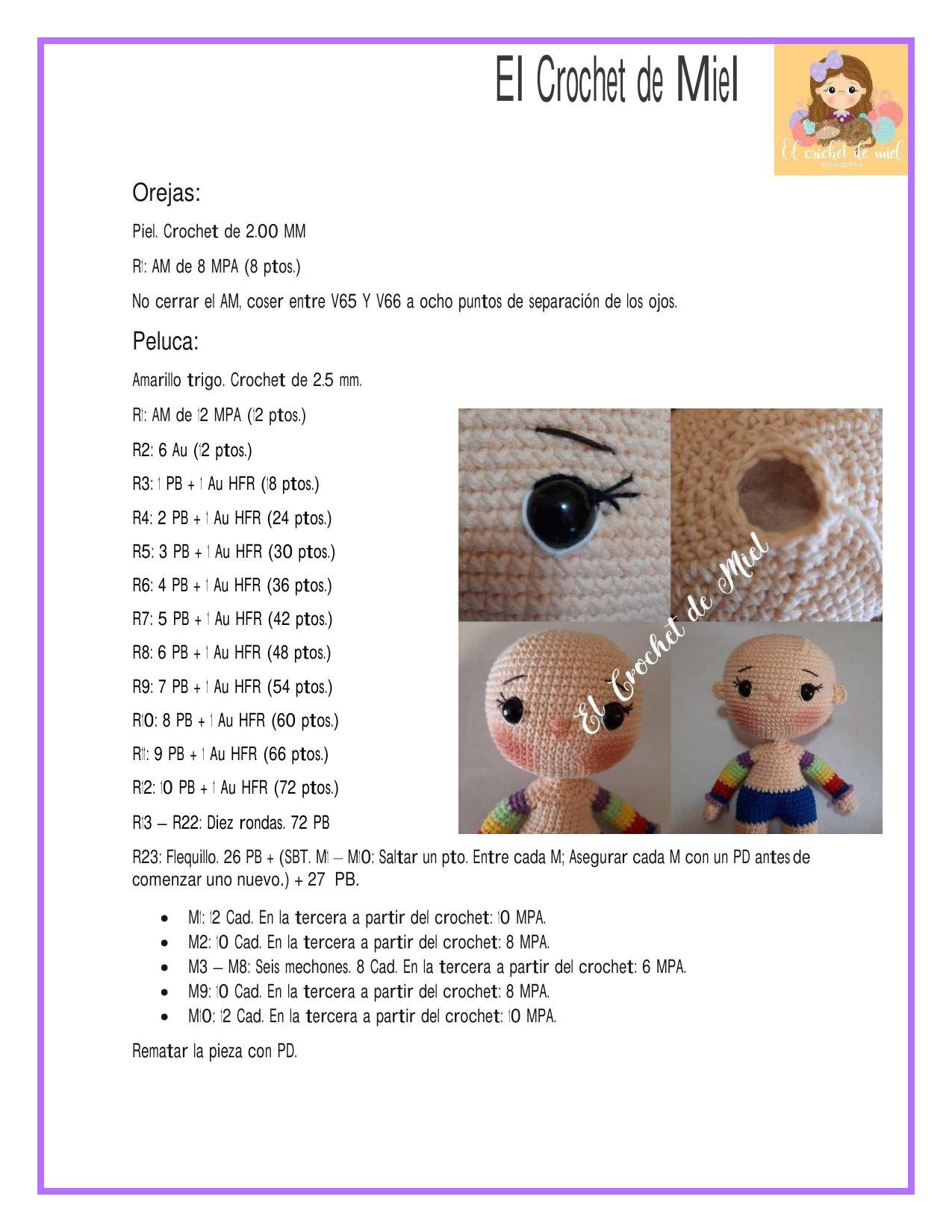 Patrón de Amigurumi Rainbow Brite con pelo rizado y vestido arcoíris