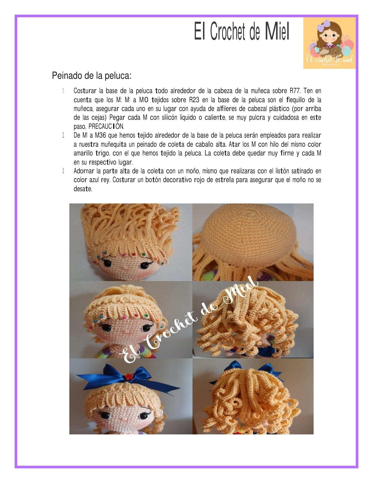 Patrón de Amigurumi Rainbow Brite con pelo rizado y vestido arcoíris