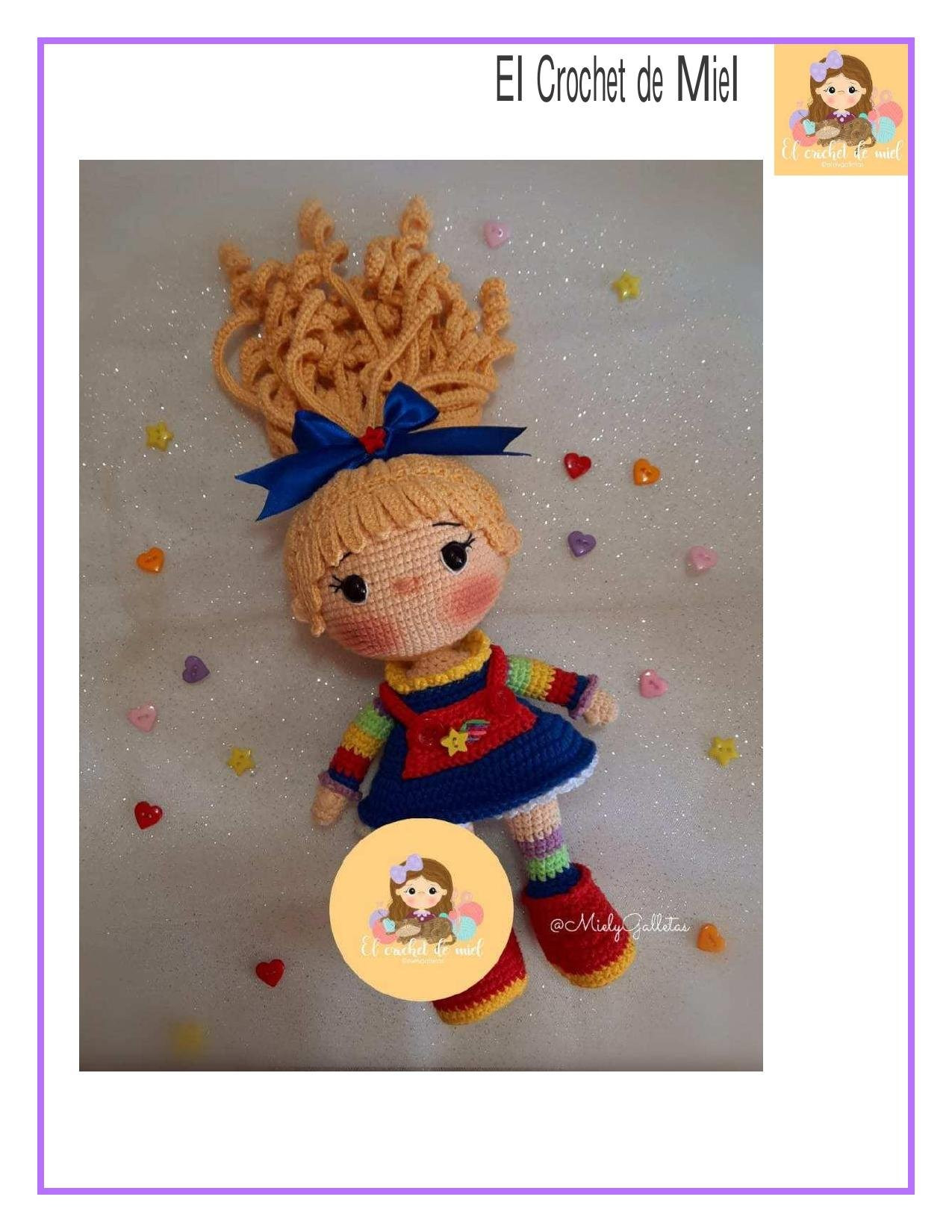 Patrón de Amigurumi Rainbow Brite con pelo rizado y vestido arcoíris