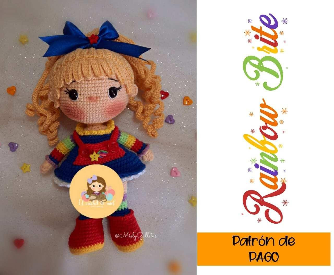 Patrón de Amigurumi Rainbow Brite con pelo rizado y vestido arcoíris