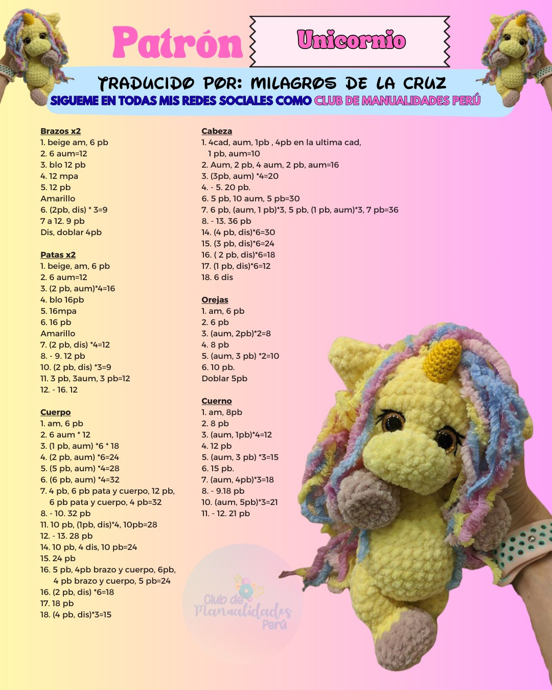 Patrón de Amigurumi Unicornio Amarillo con Melena Arcoíris y Cuerno