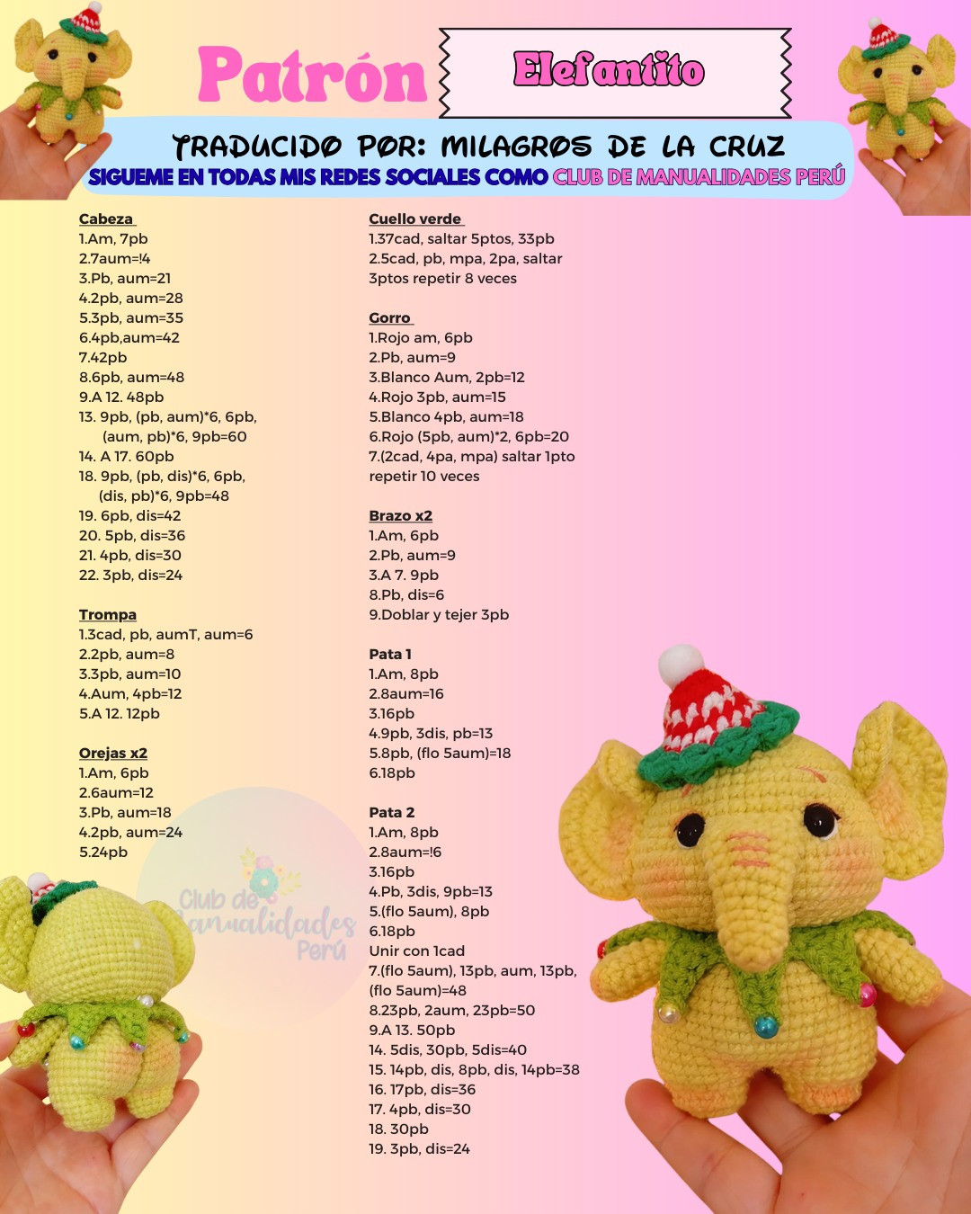 Patrón de Crochet para Elefantito Amigurumi con Gorro Navideño y Cuello Verde