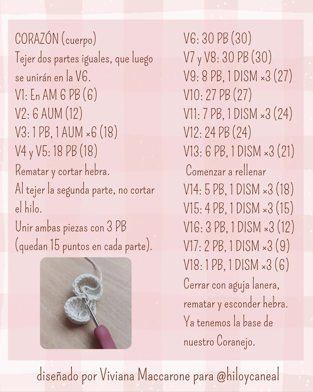 Patrón de ganchillo gratuito para Coranejo, un amigurumi adorable con forma de corazón y orejas rosadas