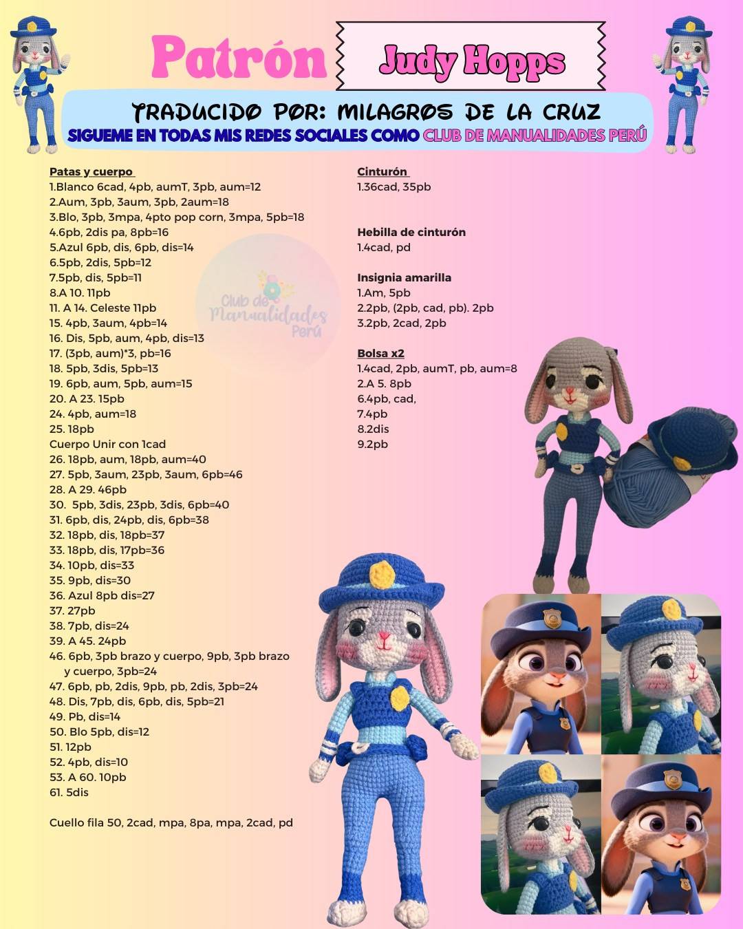 Patrón de Móc Len Judy Hopps: Hướng Dẫn Chi Tiết Búp bê Thỏ Cảnh Sát Zootopia