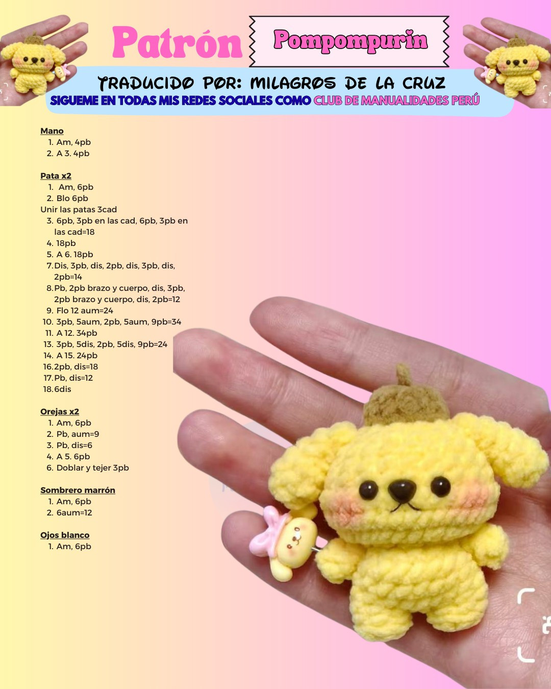Patrón de tejido a crochet para Pompompurin amarillo con gorro marrón
