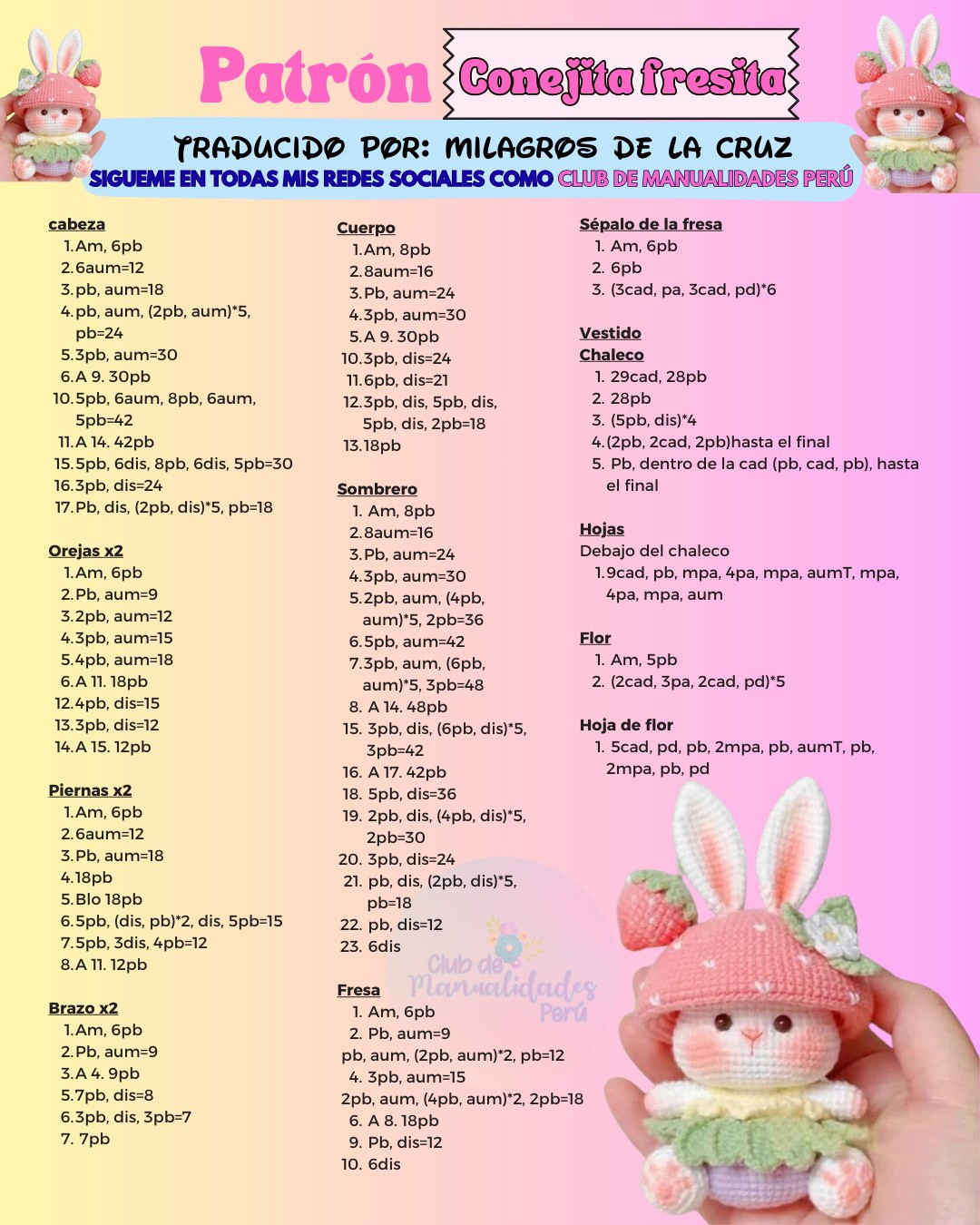 Patrón de tejido Conejita Fresita: Guía completa para crear amigurumi tierno con sombrero y vestido
