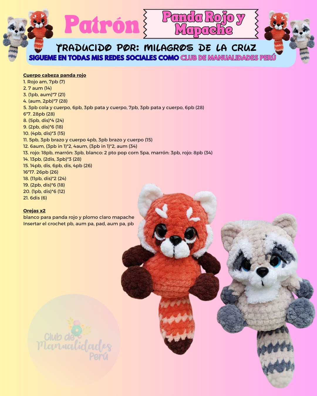 Patrón de tejido para Panda Rojo y Mapache (Amigurumi)