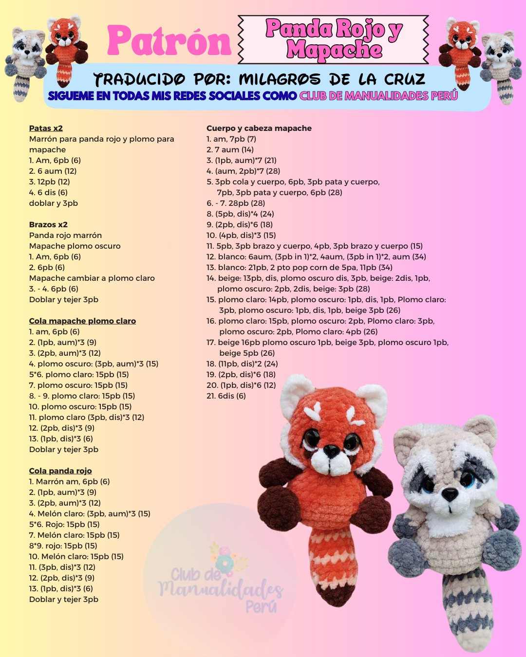 Patrón de tejido para Panda Rojo y Mapache (Amigurumi)