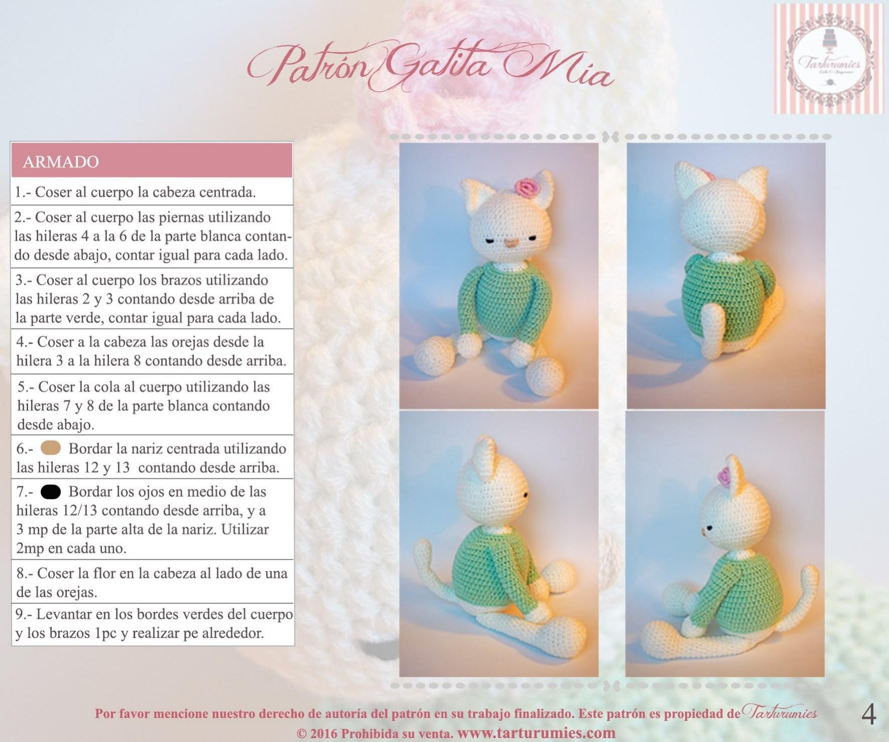 Patrón Gatita Mia - Tutorial completo de amigurumi gato blanco con suéter verde y flor rosa