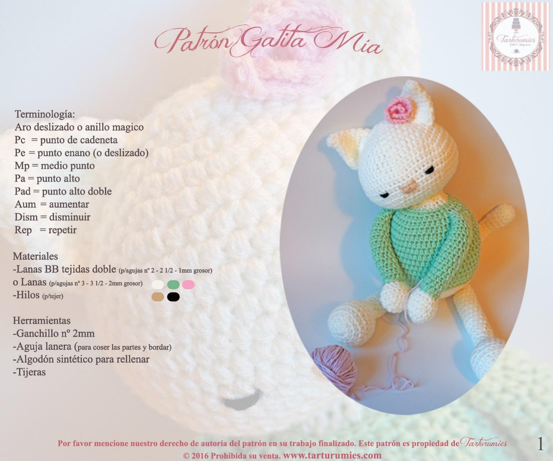 Patrón Gatita Mia - Tutorial completo de amigurumi gato blanco con suéter verde y flor rosa