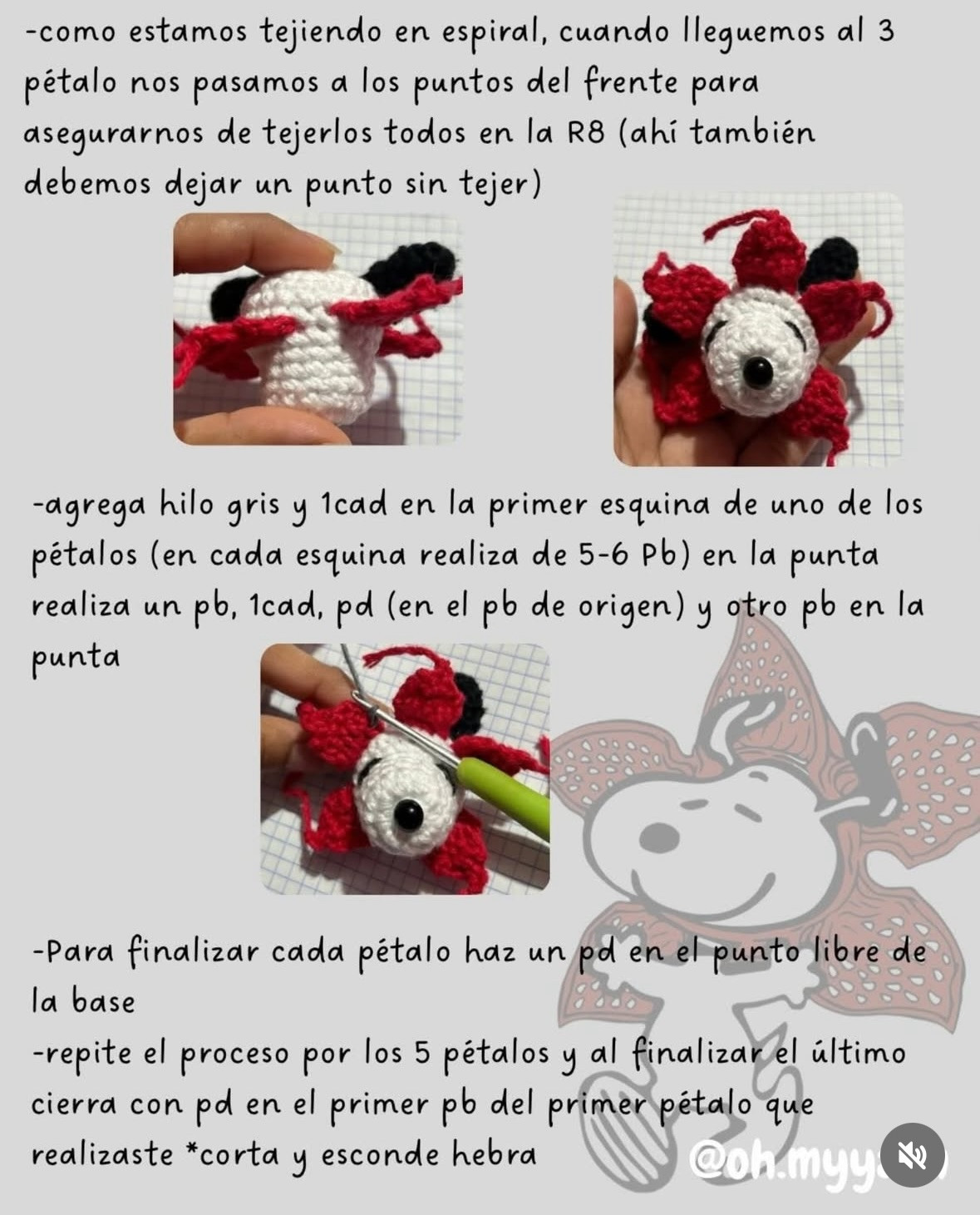 Patrón gratis de amigurumi Snoopy Demogorgon: perro blanco con pétalos rojos y gris inspirado en Stranger Things