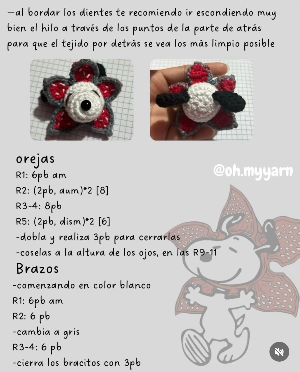 Patrón gratis de amigurumi Snoopy Demogorgon: perro blanco con pétalos rojos y gris inspirado en Stranger Things