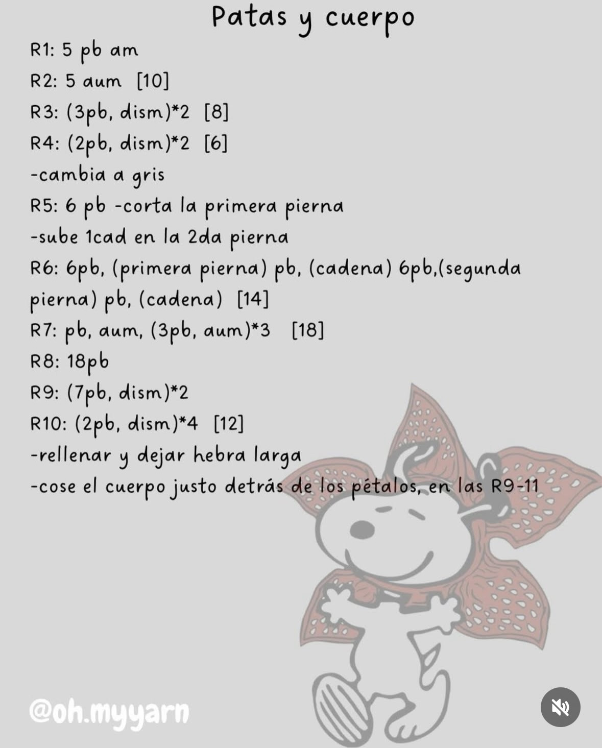 Patrón gratis de amigurumi Snoopy Demogorgon: perro blanco con pétalos rojos y gris inspirado en Stranger Things