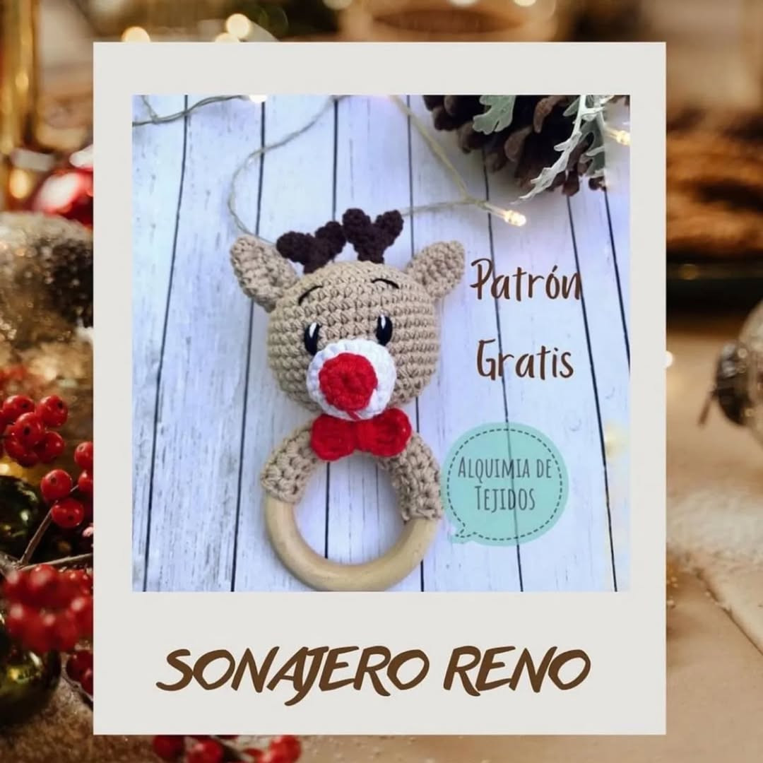 Patrón Gratis de Amigurumi: Sonajero Renito Navideño con Nariz Roja y Laço