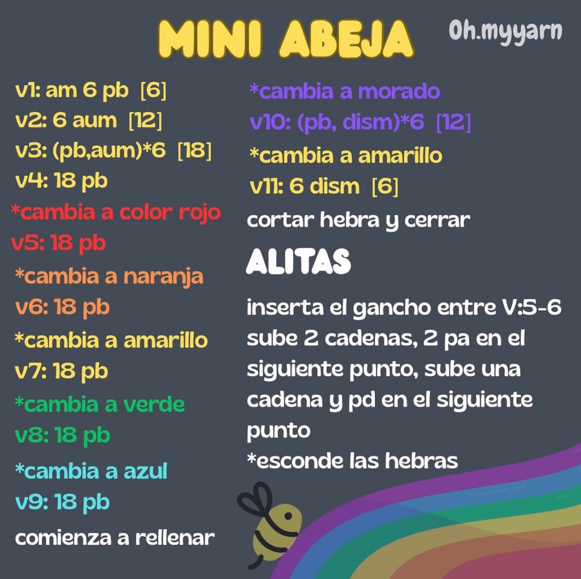 Patrón gratis de mini abeja arcoíris amigurumi sin coser