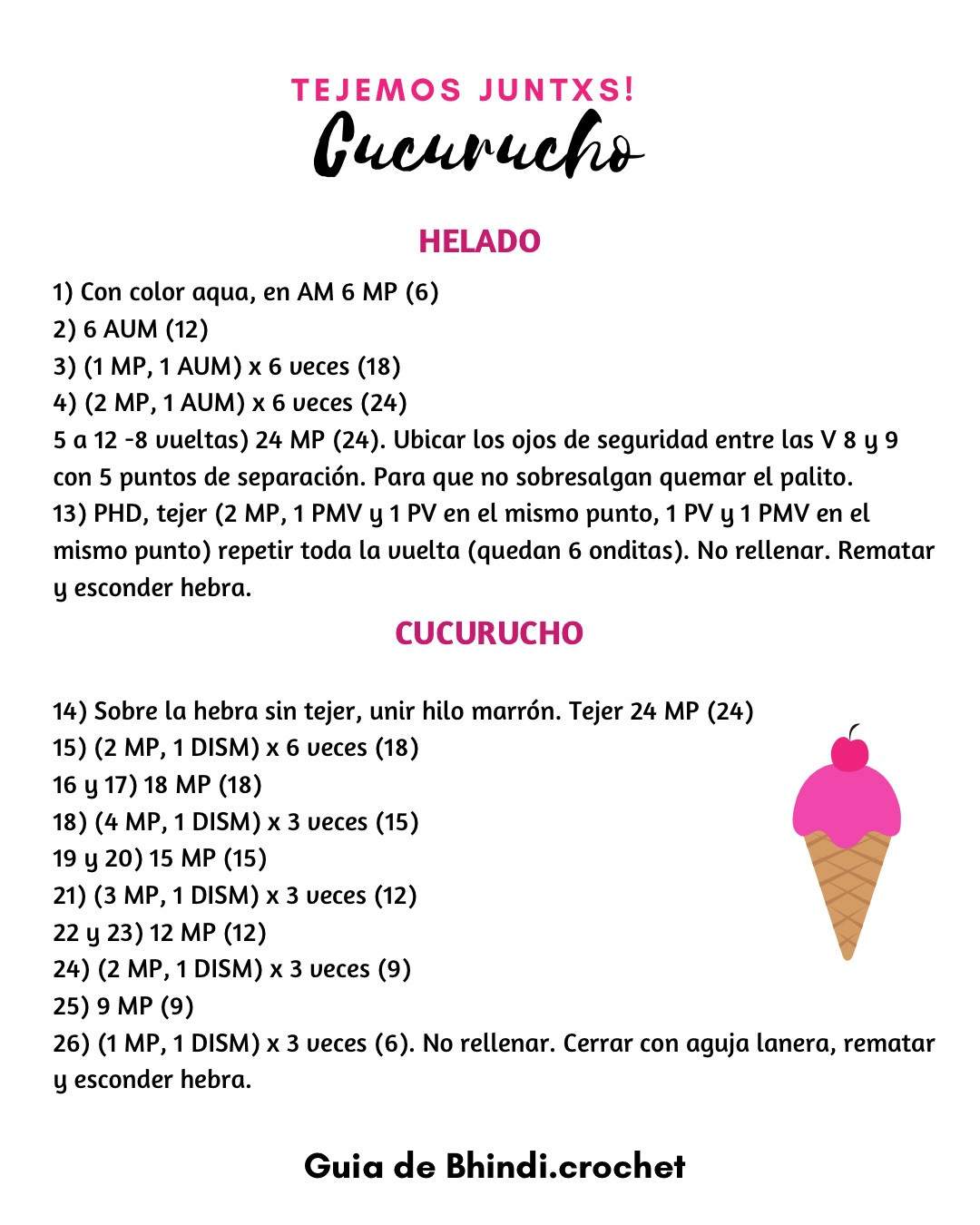 Patrón Gratis: Heladitos de Móc Len (Paleta y Cucurucho) - Guía Paso a Paso Tejemos Juntxs