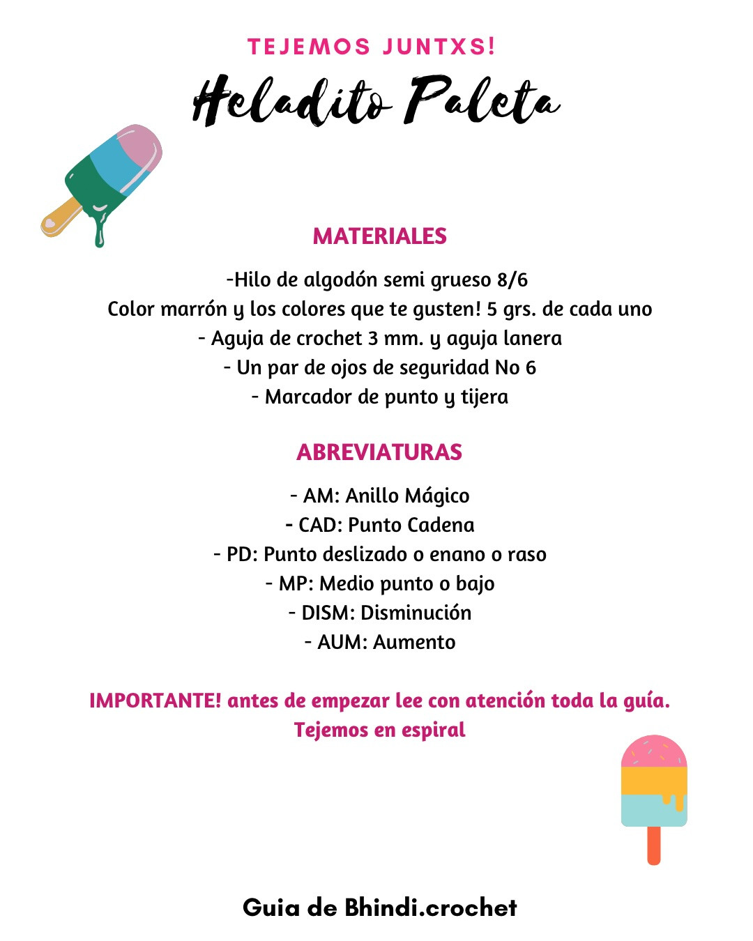 Patrón Gratis: Heladitos de Móc Len (Paleta y Cucurucho) - Guía Paso a Paso Tejemos Juntxs