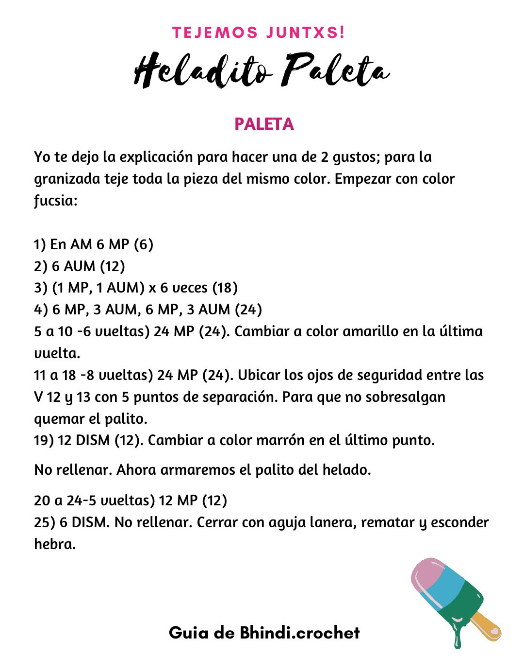 Patrón Gratis: Heladitos de Móc Len (Paleta y Cucurucho) - Guía Paso a Paso Tejemos Juntxs