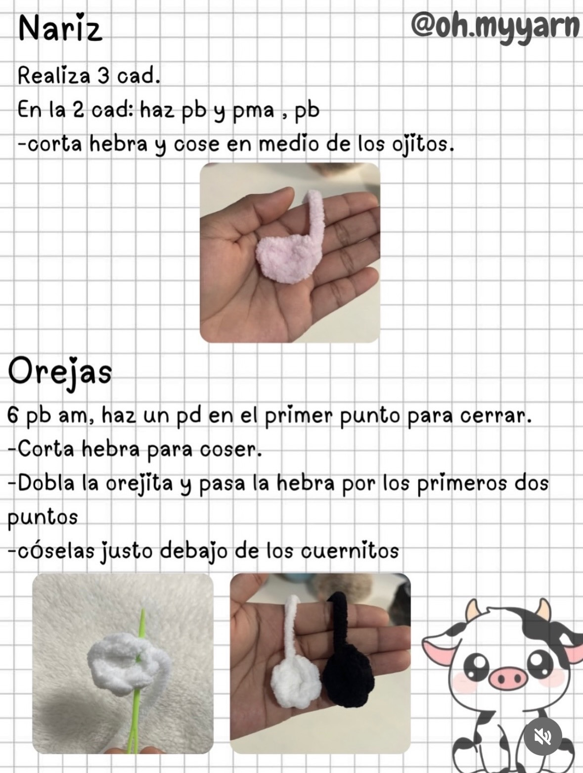 Patrón gratis Mini Vaquita: Búp bê bò con móc len Chenille màu đen trắng và cam
