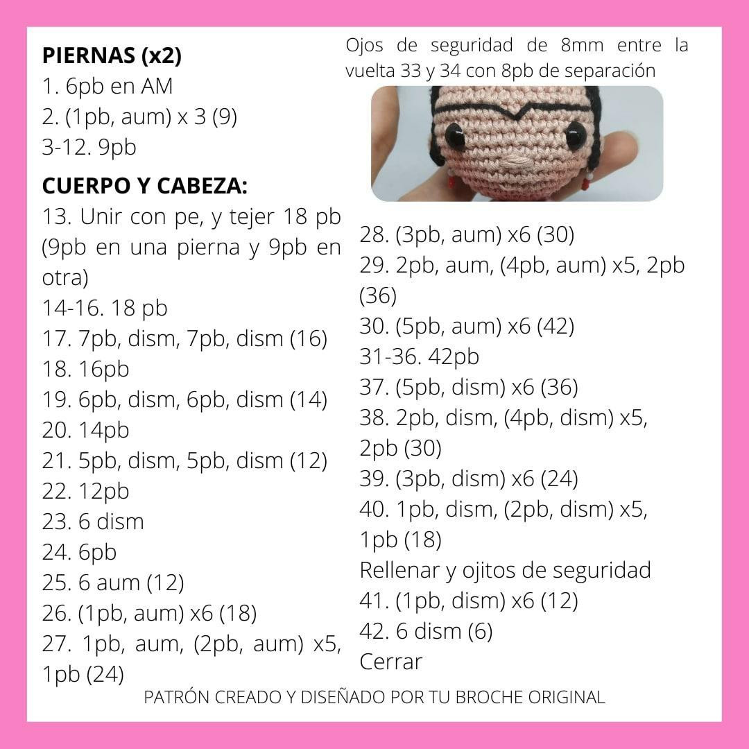 Patrón Gratuito Amigurumi Frida Kahlo - Búp bê móc len dễ thương với hoa trên tóc, khăn quàng hồng và váy xanh lá