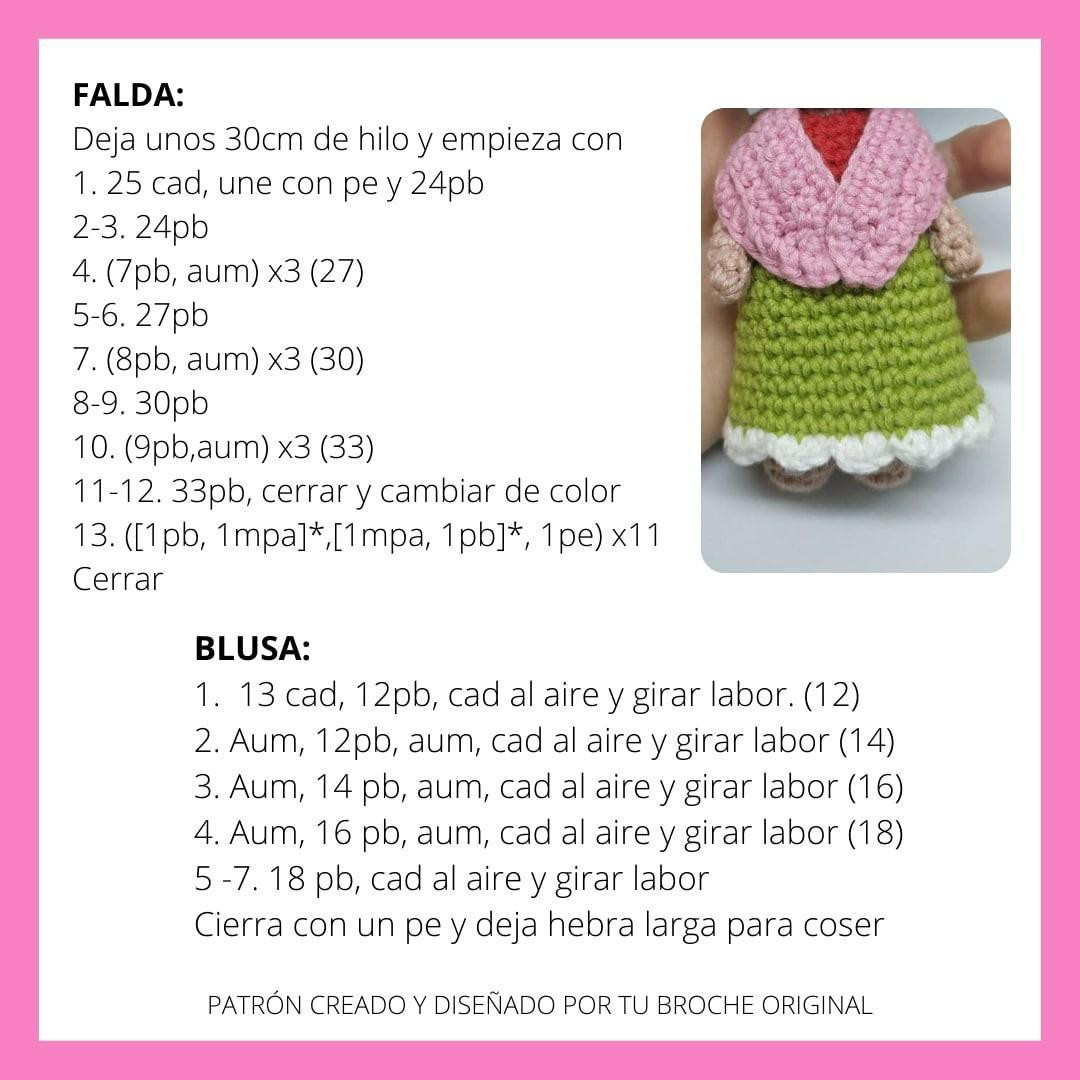Patrón Gratuito Amigurumi Frida Kahlo - Búp bê móc len dễ thương với hoa trên tóc, khăn quàng hồng và váy xanh lá