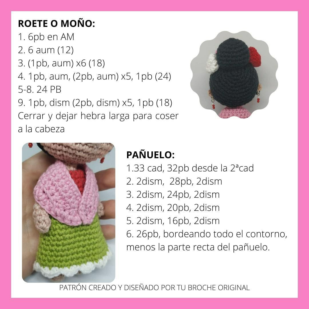 Patrón Gratuito Amigurumi Frida Kahlo - Búp bê móc len dễ thương với hoa trên tóc, khăn quàng hồng và váy xanh lá